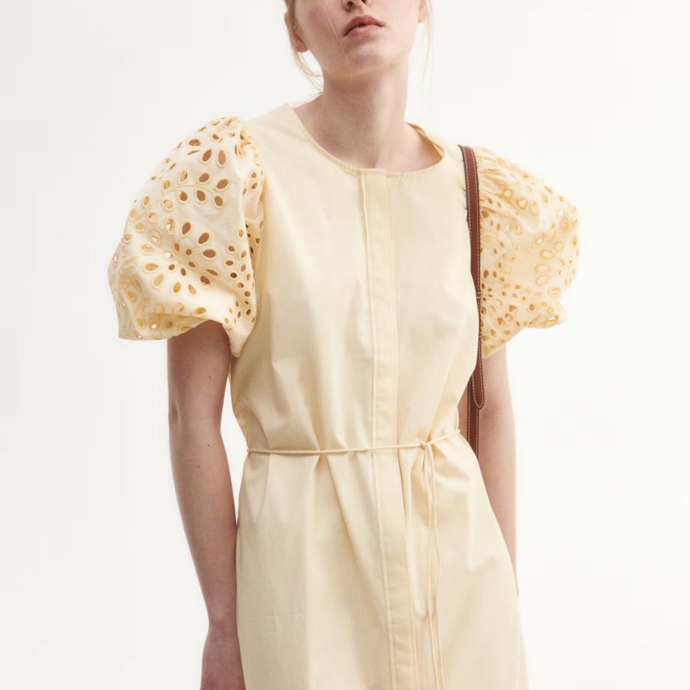 H&M NEW Summer Yellow Elegant Eyelet Dress Size L Embroidered Sleeves - Picture 8 of 9